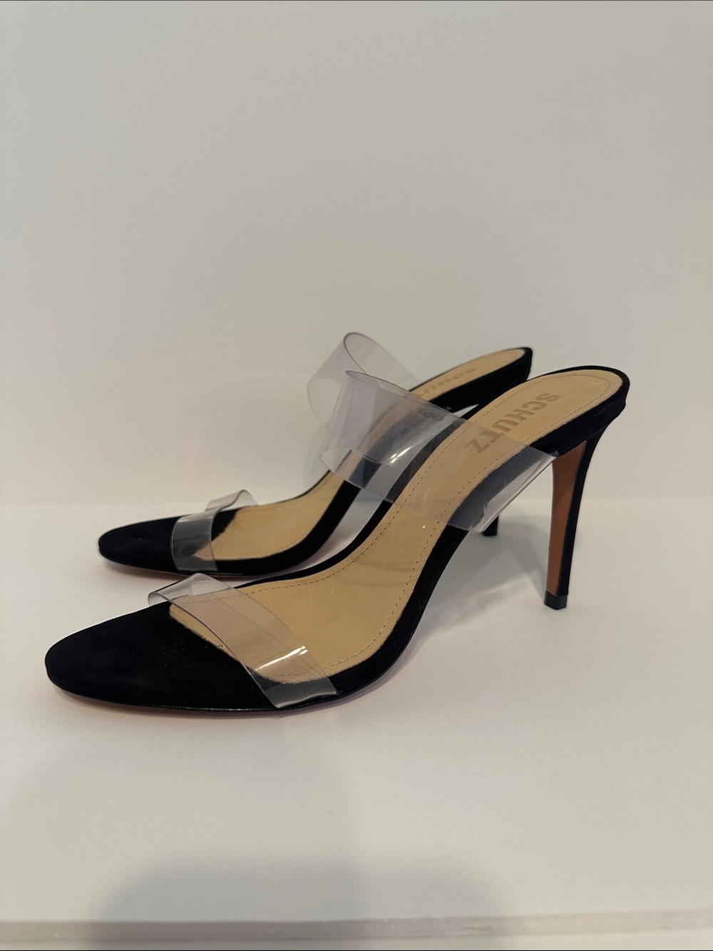 SCHUTZ Ariella Black Suede Clear-Strap Heels